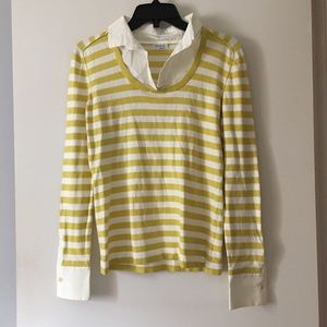AKRIS PUNTO Yellow + White Stripe Cotton Sweater w/ Detachable Collar 8 M